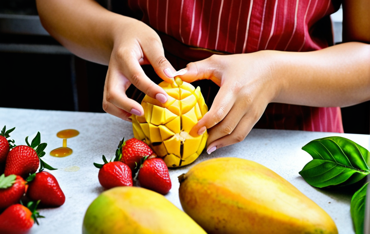 **Image Prompt:** A vibrant close-up shot of a Thai woman's hands preparing a colorful array of seasonal fruits like ripe mangoes and strawberries, alongside aromatic herbs and spices such as basil, kaffir lime leaves, and ginger. She is adding a drizzle of golden honey from a traditional Thai beehive to the mixture. The scene evokes the feeling of creating unique and flavorful homemade drinks.