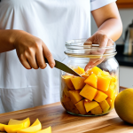 A woman, fully clothed in modest, comfortable home attire, focused on carefully slicing a ripe Thai mango and placing the pieces into a large, clear glass jar. Fresh, colorful Thai fruits such as pineapple and passion fruit are artfully arranged on a clean wooden countertop in a brightly lit, cozy home kitchen. The scene captures the essence of homemade fruit infusion, emphasizing meticulous craftsmanship and natural beauty. safe for work, appropriate content, fully clothed, family-friendly, perfect anatomy, correct proportions, natural pose, well-formed hands, proper finger count, natural body proportions, professional photography, high quality.