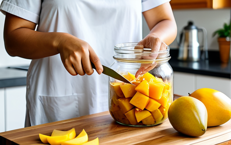 A woman, fully clothed in modest, comfortable home attire, focused on carefully slicing a ripe Thai mango and placing the pieces into a large, clear glass jar. Fresh, colorful Thai fruits such as pineapple and passion fruit are artfully arranged on a clean wooden countertop in a brightly lit, cozy home kitchen. The scene captures the essence of homemade fruit infusion, emphasizing meticulous craftsmanship and natural beauty. safe for work, appropriate content, fully clothed, family-friendly, perfect anatomy, correct proportions, natural pose, well-formed hands, proper finger count, natural body proportions, professional photography, high quality.